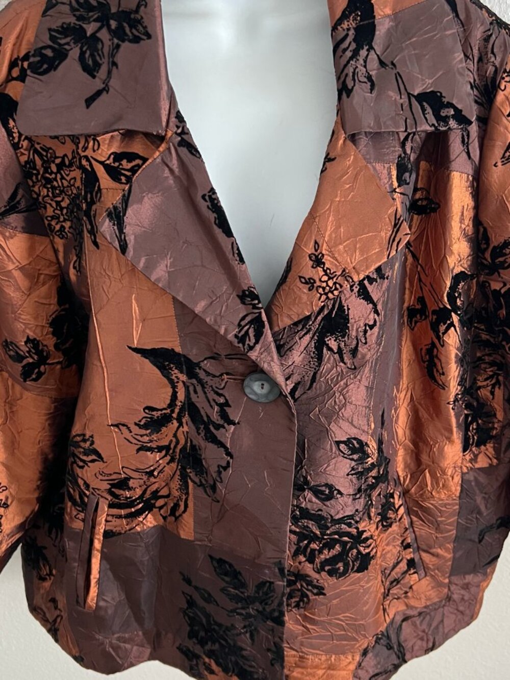 Susan Graver Copper Velvet Taffeta Blazer Jacket Patchwork Whimsigoth Fall Sz XL - Picture 3 of 5